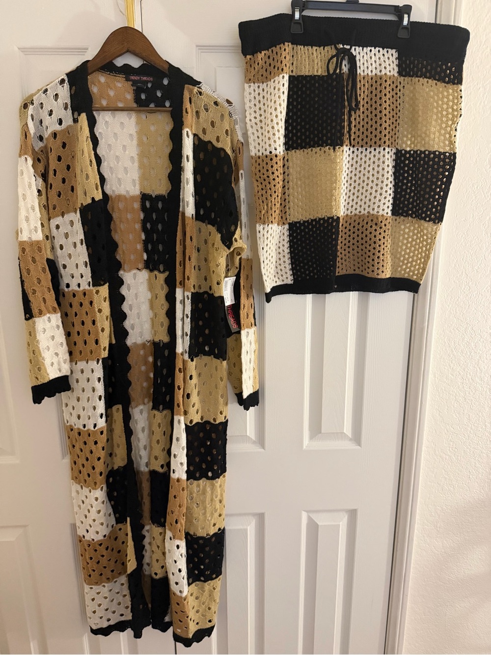 3 piece Long Open-Knit Checker Cardigan Skirt and tank Set